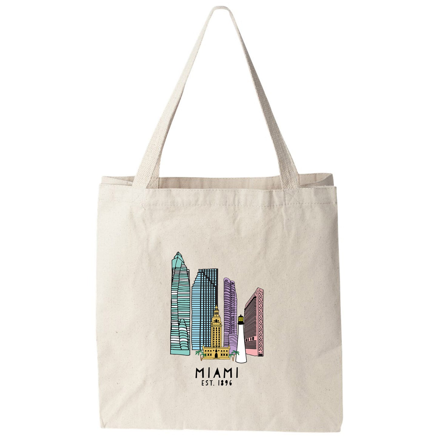 a tote bag with a picture of a city