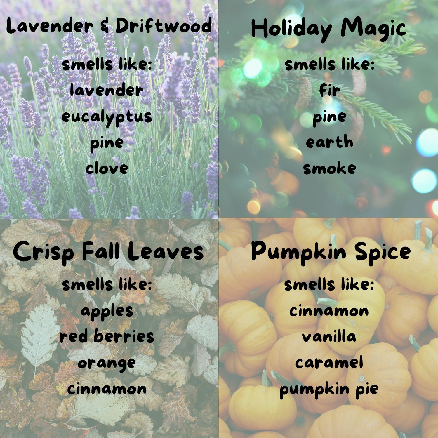 The image is a collage of four images, each depicting a different scent or smell associated with a specific season or natural element.