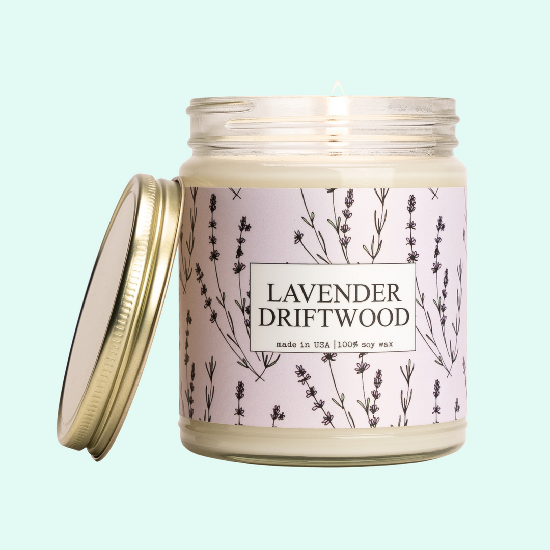 a jar of lavender driftwood candle with a lid