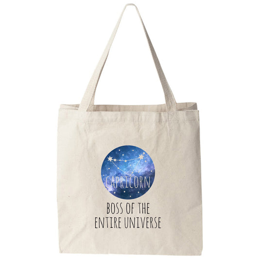 a tote bag with the words box of the entire universe printed on it