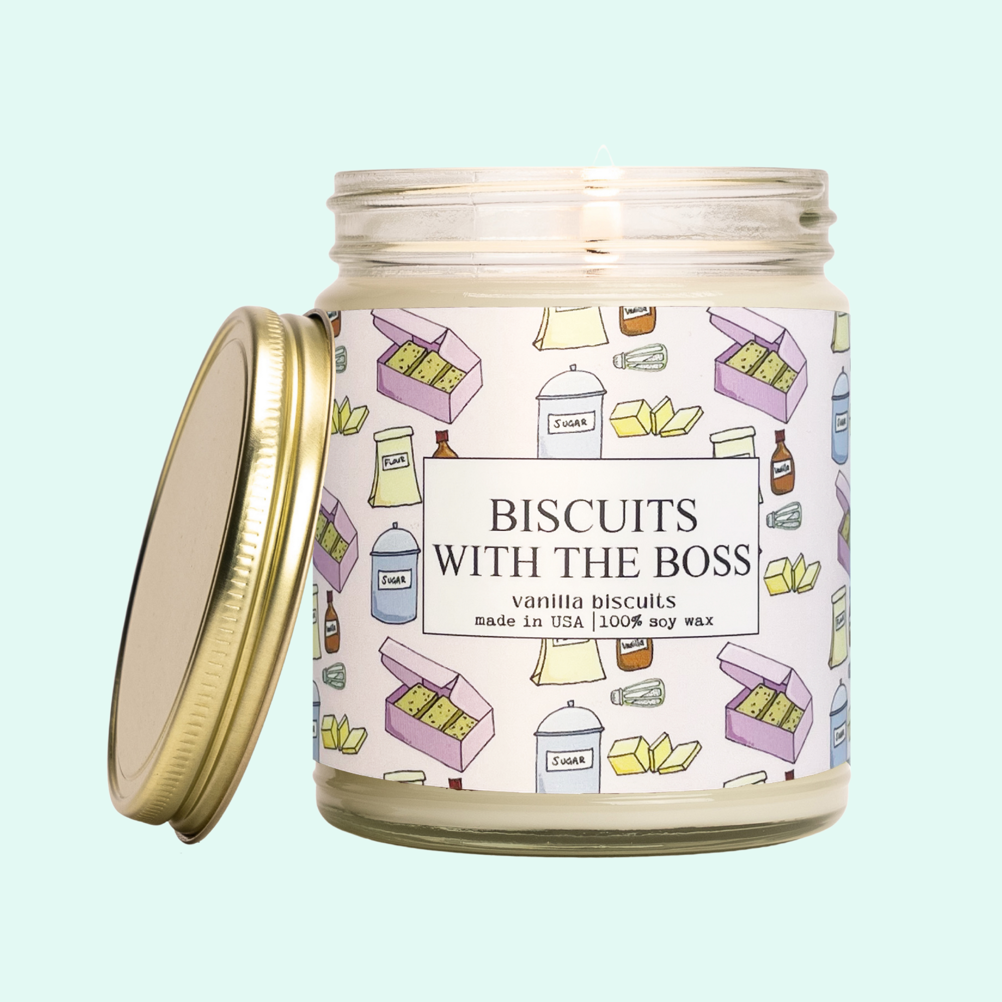 a jar of biscuits with the boss on it