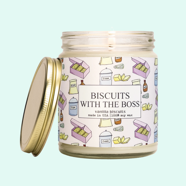 a jar of biscuits with the boss on it