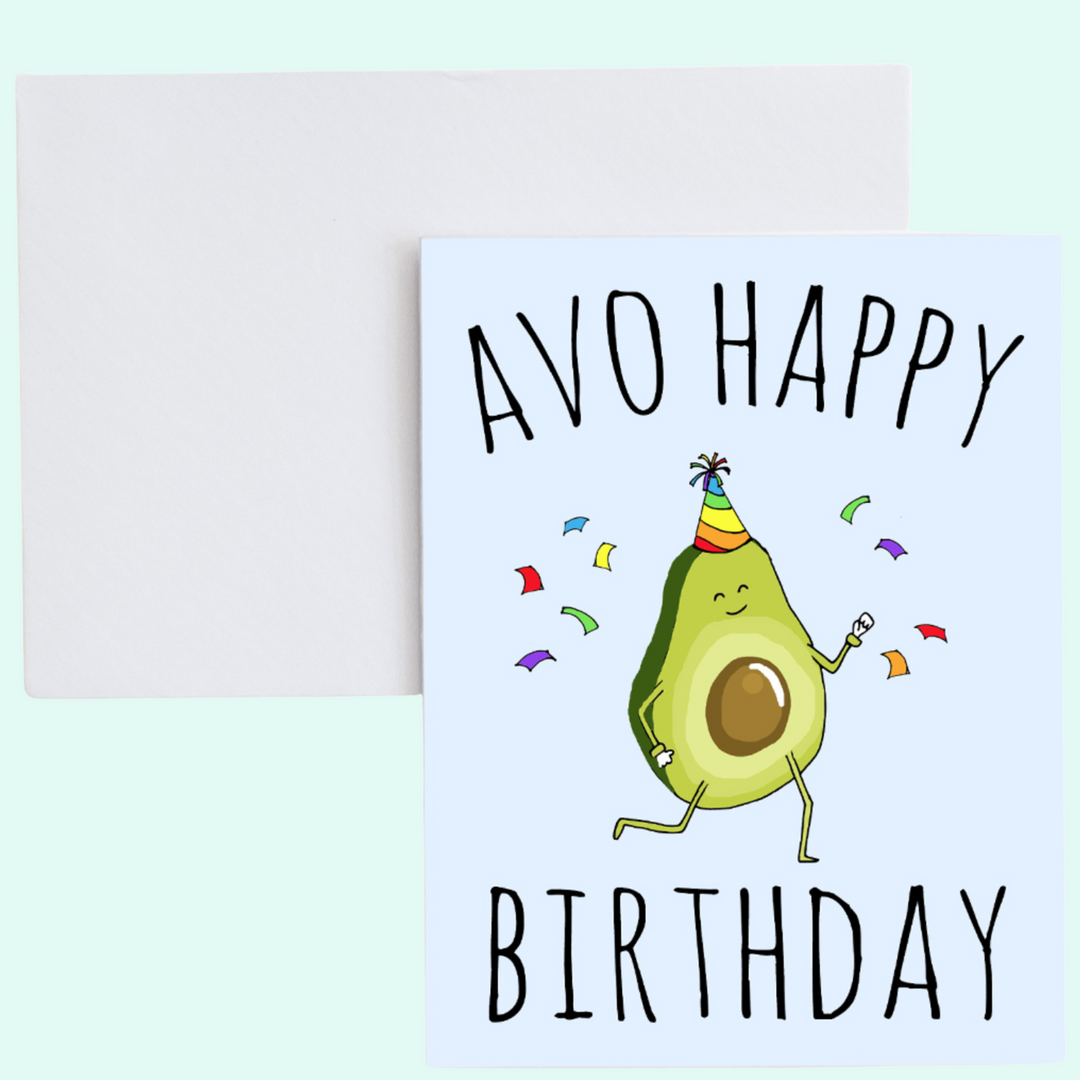 a birthday card with an avocado wearing a party hat