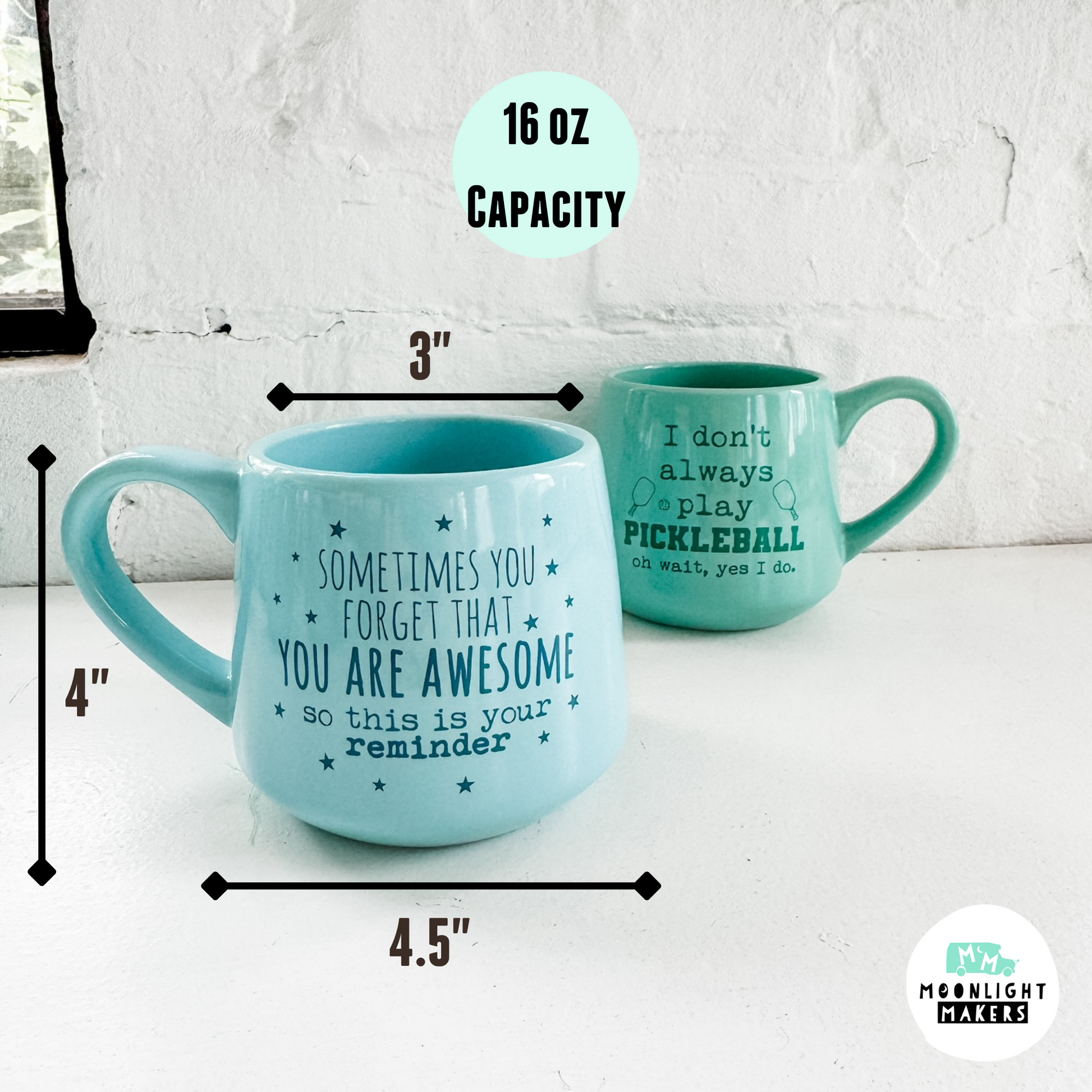 two coffee mugs with measurements for each of them