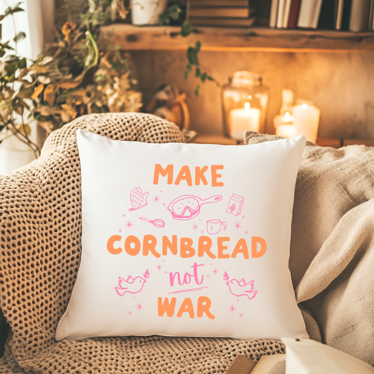 Make Cornbread Not War Throw Pillow