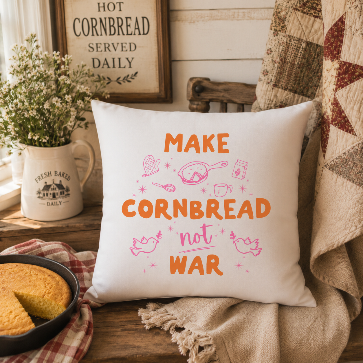 Make Cornbread Not War Throw Pillow
