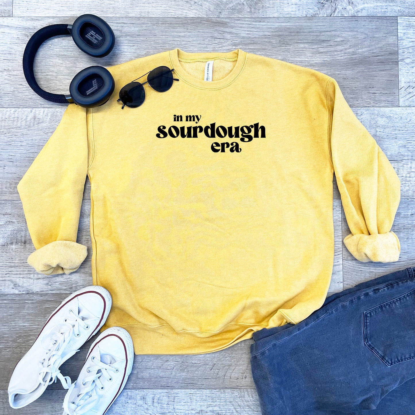 a yellow sweatshirt with the words in my sourdough era on it