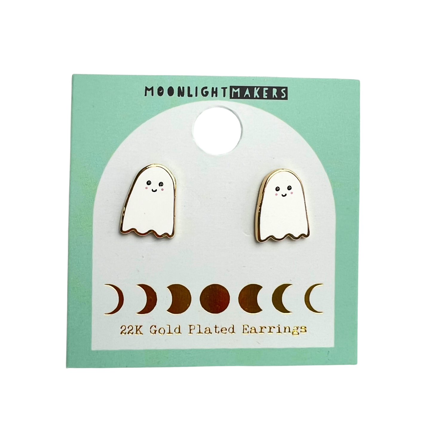 a pair of earrings with ghost faces on them