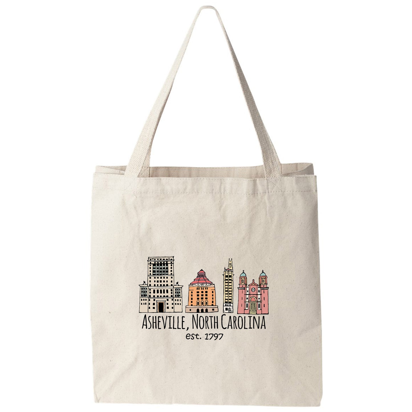 a white bag with a city skyline on it