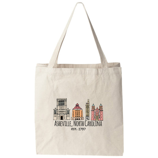 a white bag with a city skyline on it