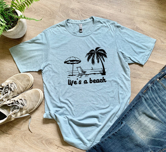 a t - shirt that says life's a beach with a palm tree and