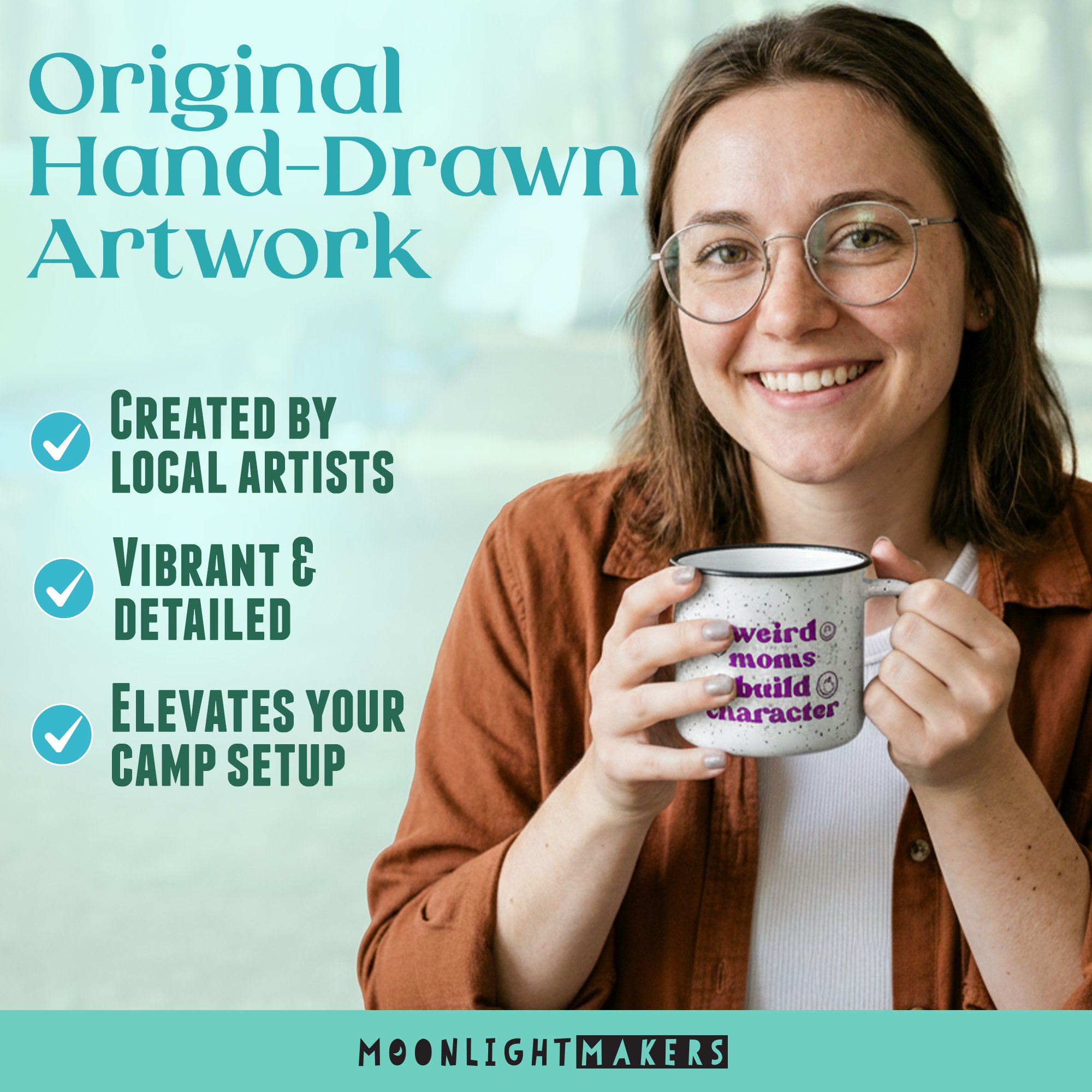 The image is a promotional poster for a hand-drawn artwork created by local artists. It features a smiling woman holding a mug with the text 