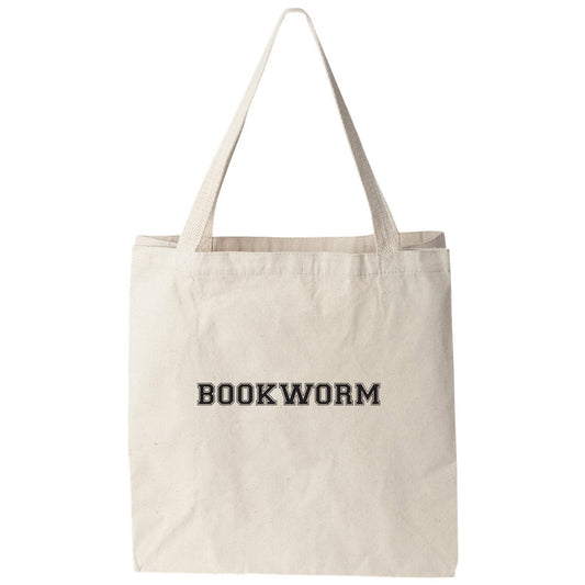 a book worm tote bag on a white background