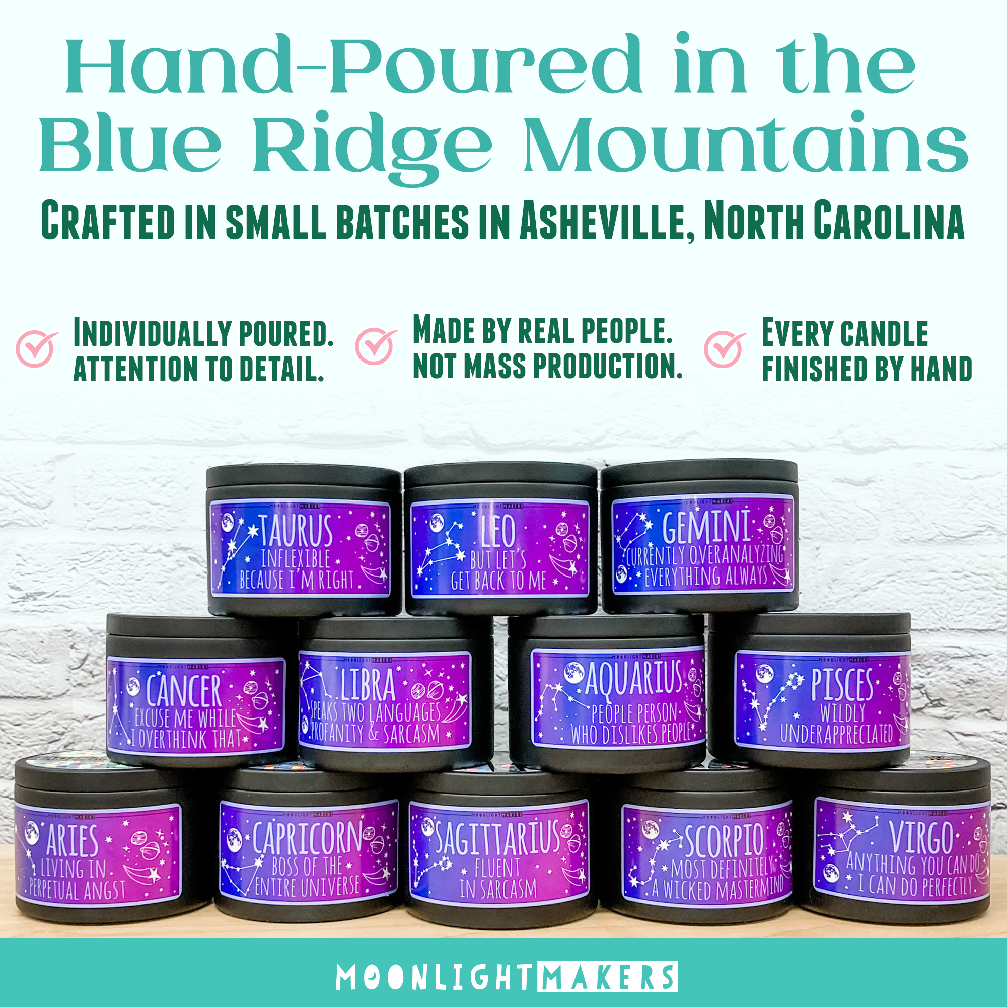 A collection of hand-poured candles in the Blue Ridge Mountains, each labeled with a different astrological sign. The candles are individually poured and not mass-produced, indicating a handmade and personalized touch.