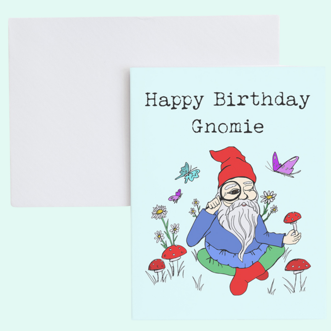 a birthday card with a gnome sitting on the ground
