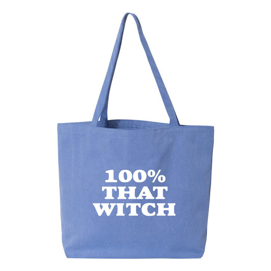 a blue tote bag with the words 100 % that witch printed on it