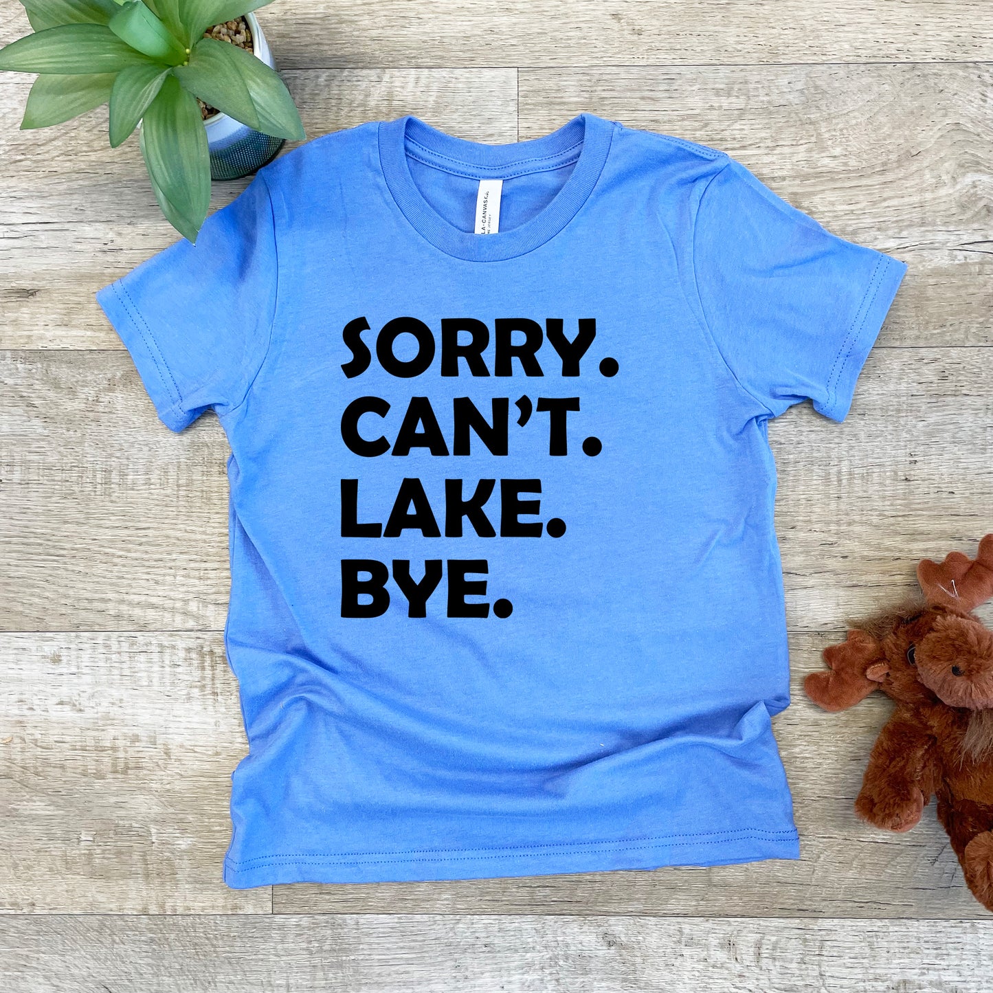 a blue shirt that says sorry can't lake bye next to a teddy bear