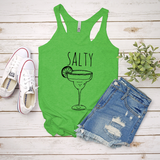 a tank top that says salty with a margarita in it