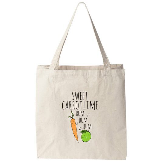 a white bag with a carrot and an apple on it