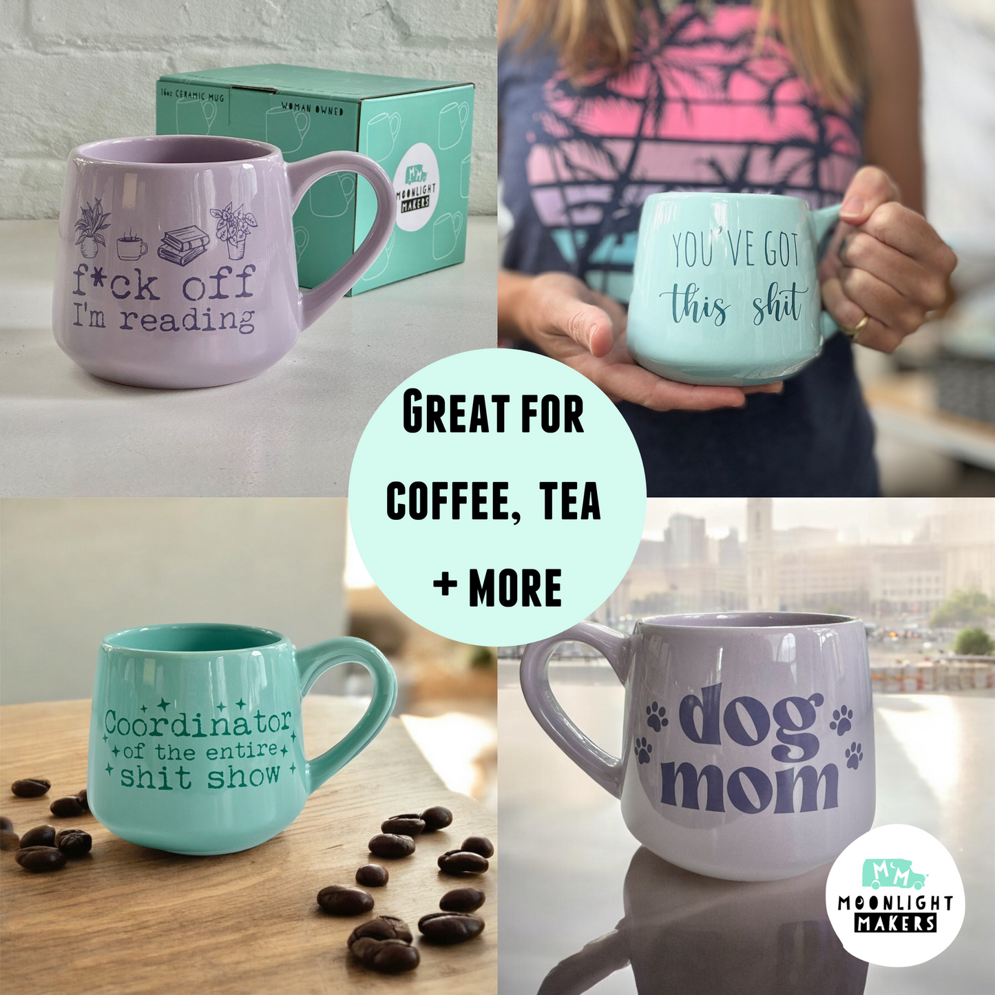 a collage of coffee mugs with the words great for coffee, tea and