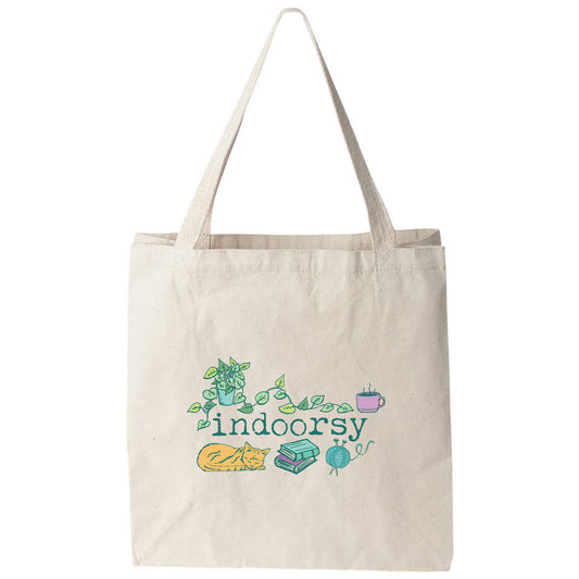 a tote bag with the words indoors on it