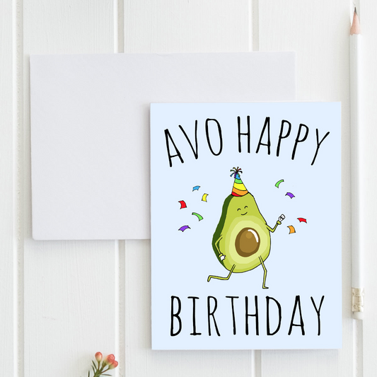 a birthday card with an avocado wearing a party hat