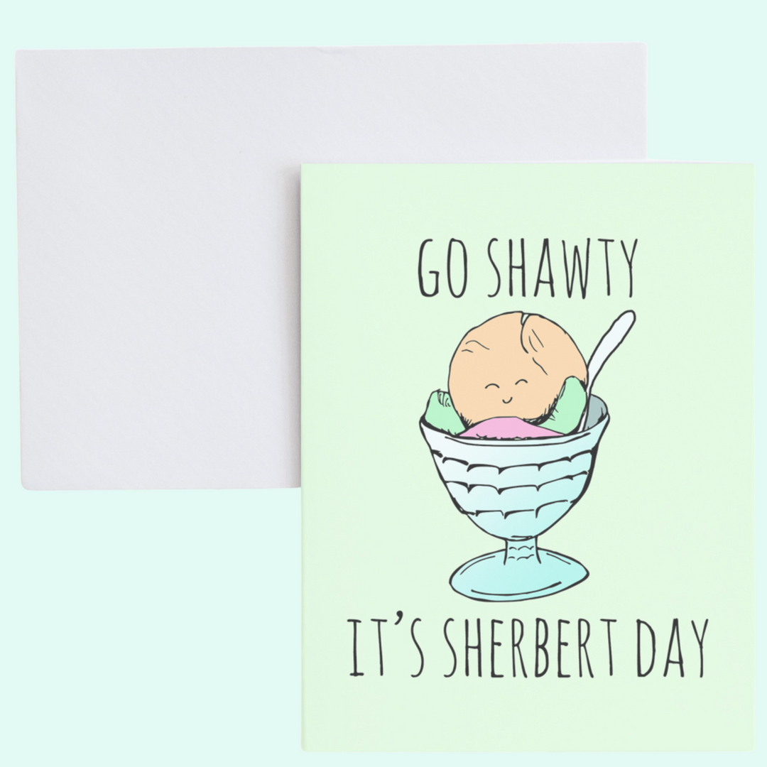 a card with a picture of a baby in a bowl