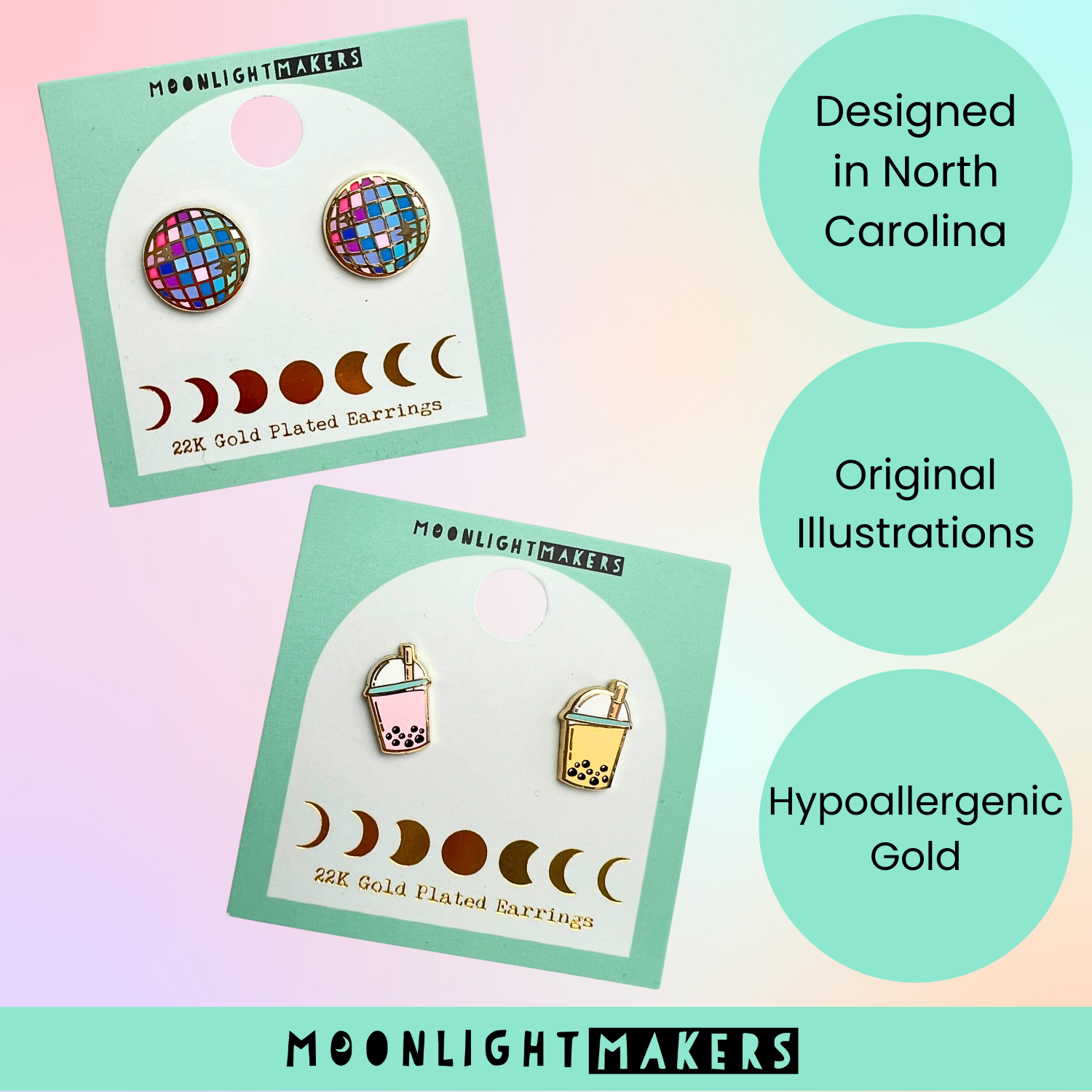 a pair of earrings featuring the moon and the phases of the moon