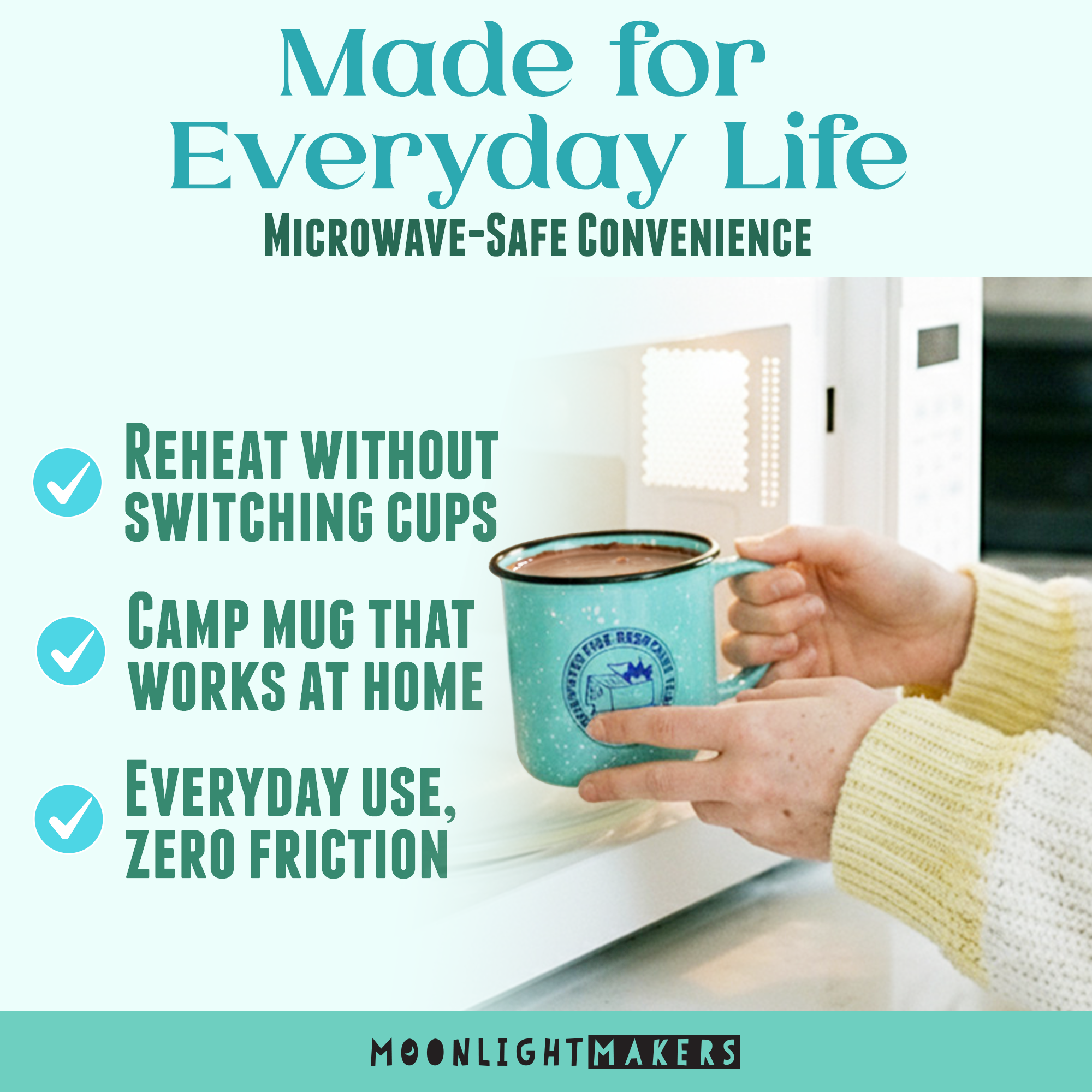 a person holding a blue mug with a design, standing in front of a microwave. The text above the image reads 