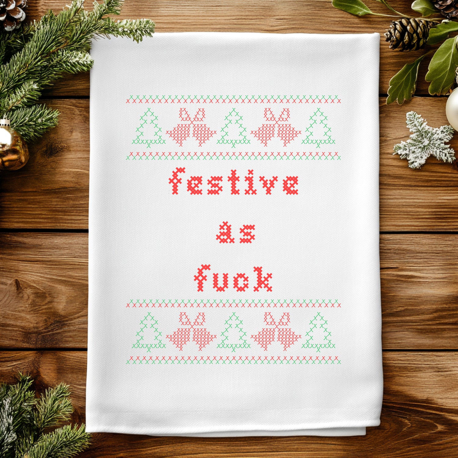 Festive As F - Christmas Cross Stitch Effect Kitchen Towel