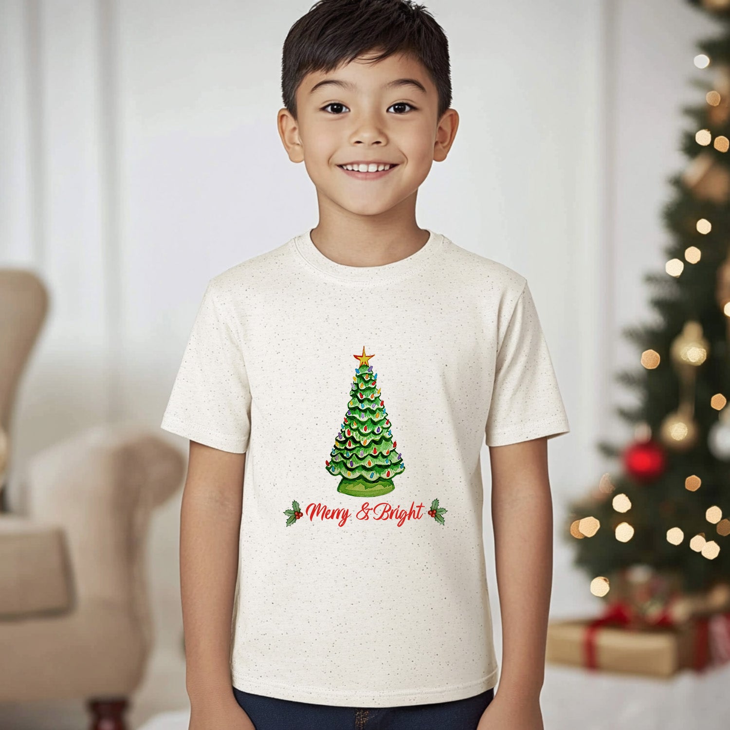 Merry & Bright - Christmas Kid's Tee - Oatmeal