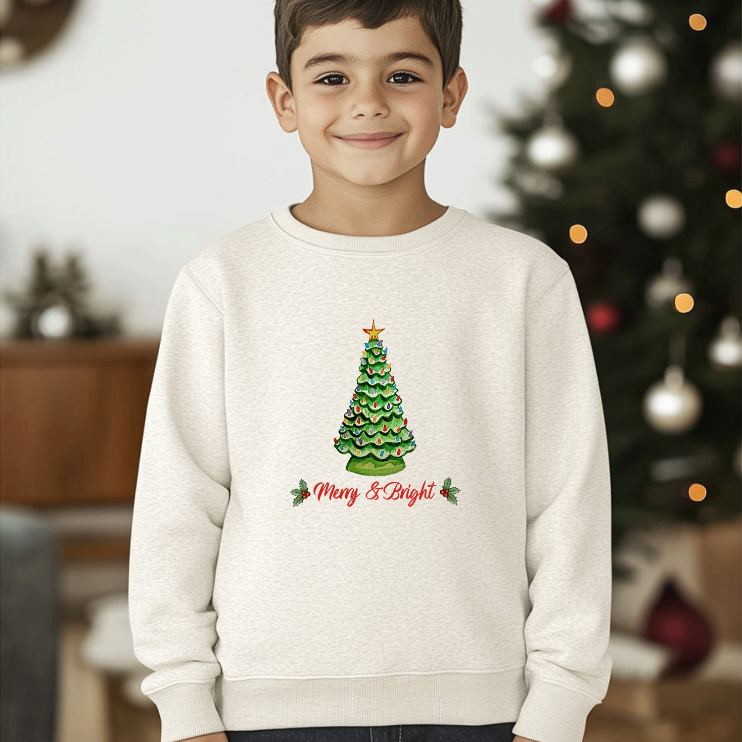Merry & Bright - Christmas Kid's Sweatshirt - Oatmeal