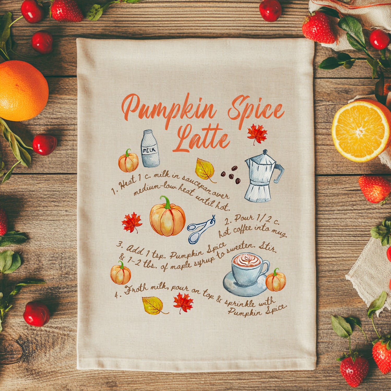 Pumpkin Spice Latte Recipe - Watercolor Kitchen Towel
