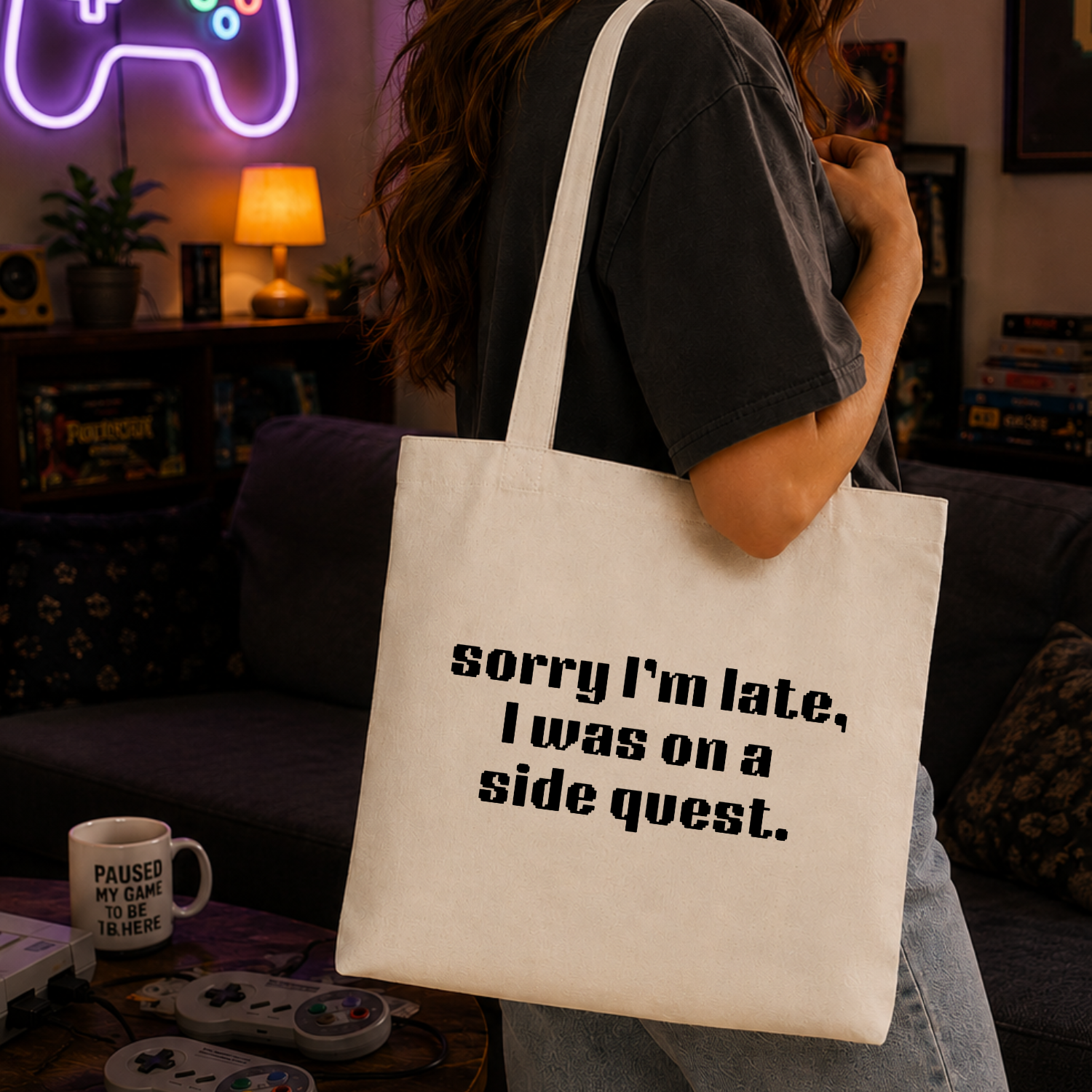 Sorry I'm Late, I Was On A Sidequest Tote Bag