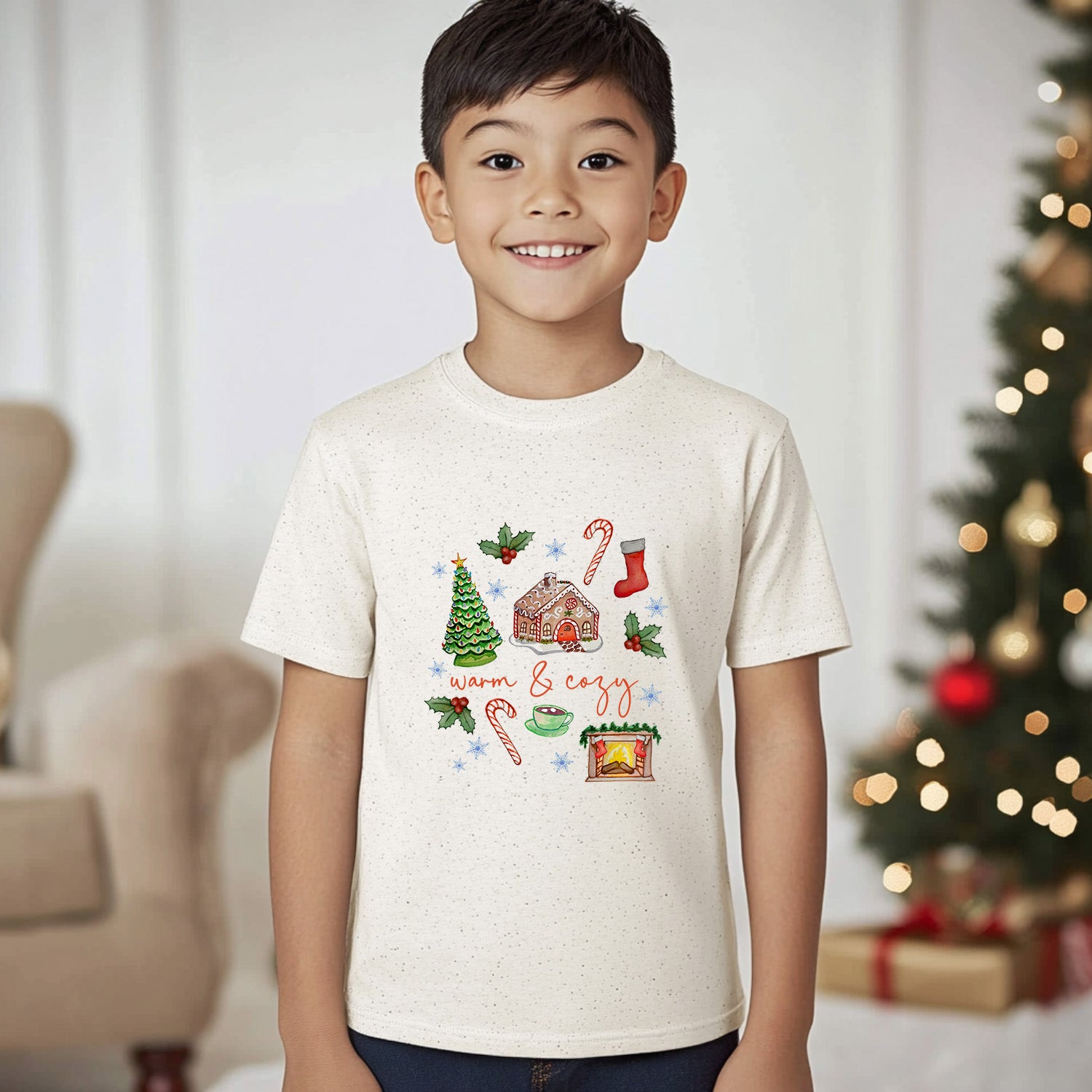 Warm + Cozy - Christmas Kid's Tee - Oatmeal