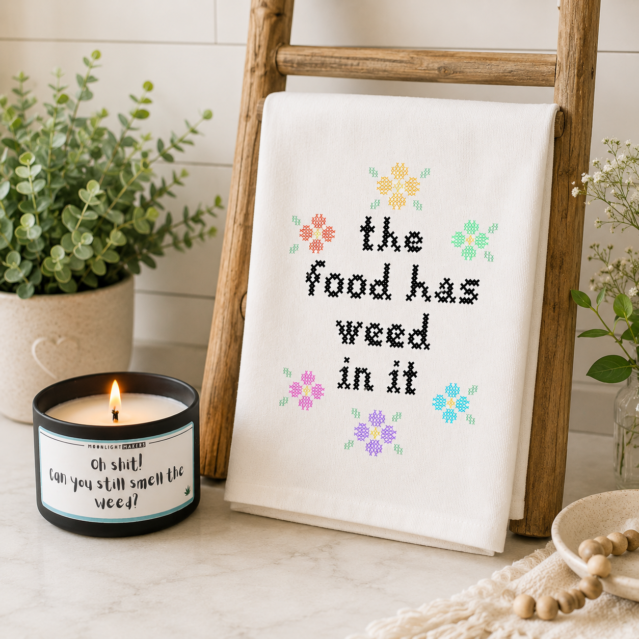 Weed Be Friends Bundle - Can You Smell The Weed Candle + The Food Has Weed In It Kitchen Towel
