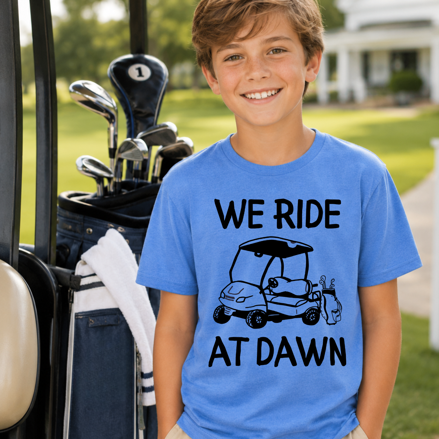 We Ride At Dawn Kid's Golf T-Shirt | Funny Youth Golf Tee