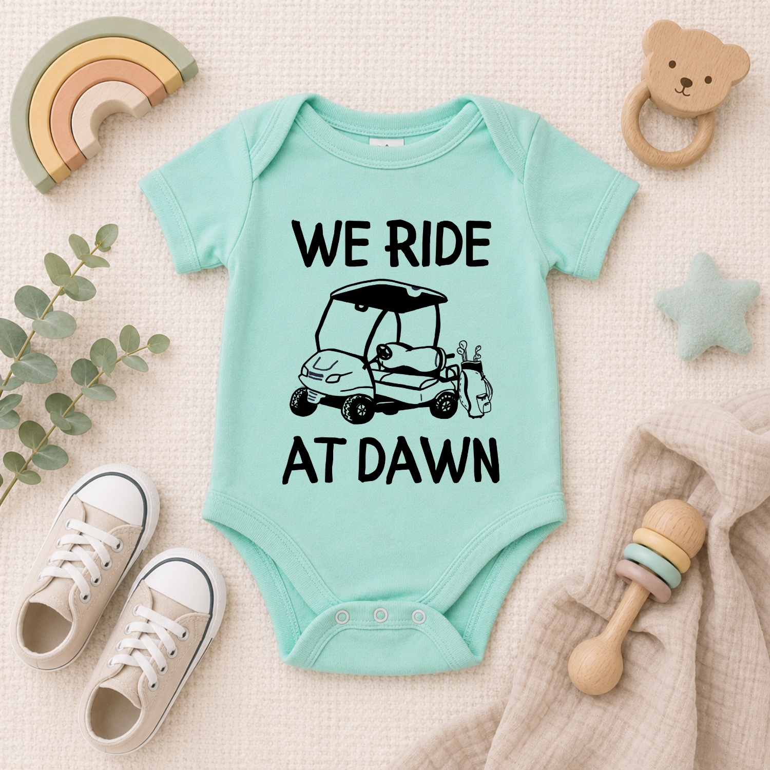 We Ride At Dawn Golf Baby Onesie | Funny Golf Baby Bodysuit