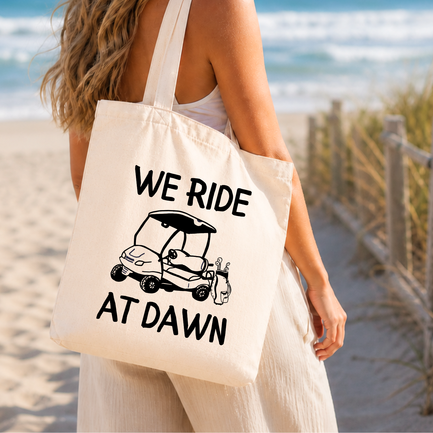 We Ride At Dawn Golf Tote Bag | Funny Golf Canvas Tote
