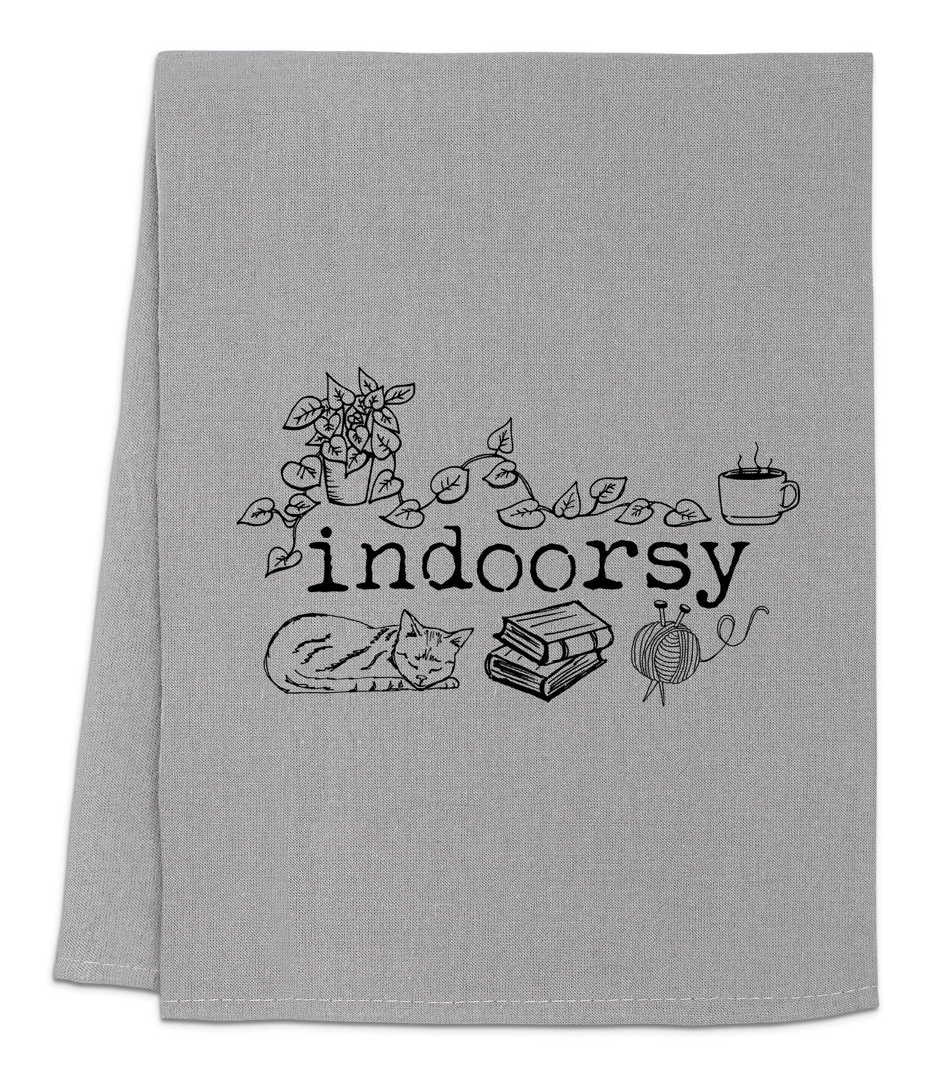 a dish towel with the words indoors printed on it