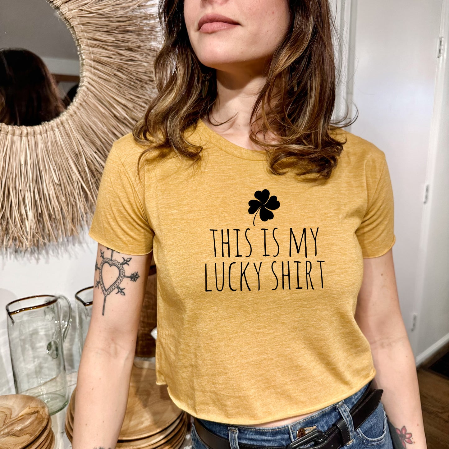 Lucky Shirt (Four Leaf Clover) - Women's Crop Tee - Heather Gray or Gold