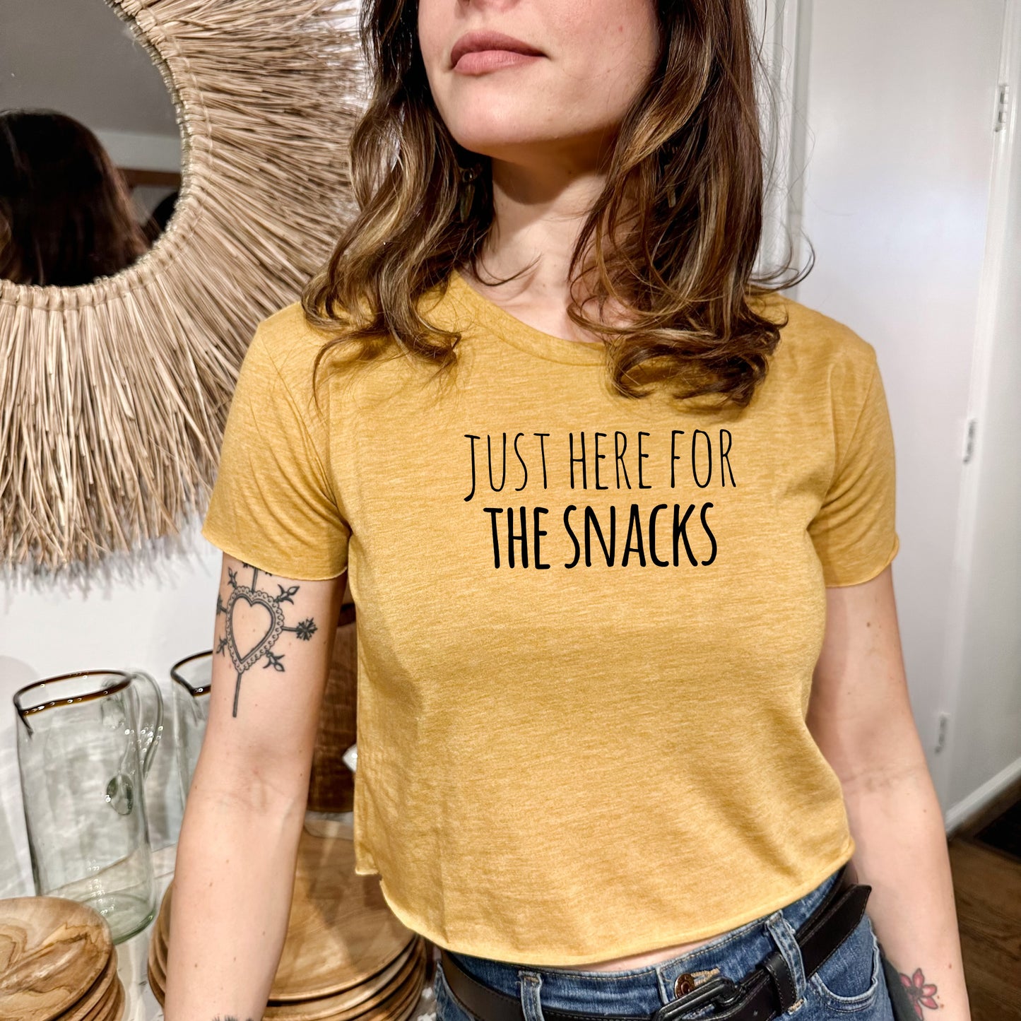 Just Here For The Snacks - Women's Crop Tee - Heather Gray or Gold