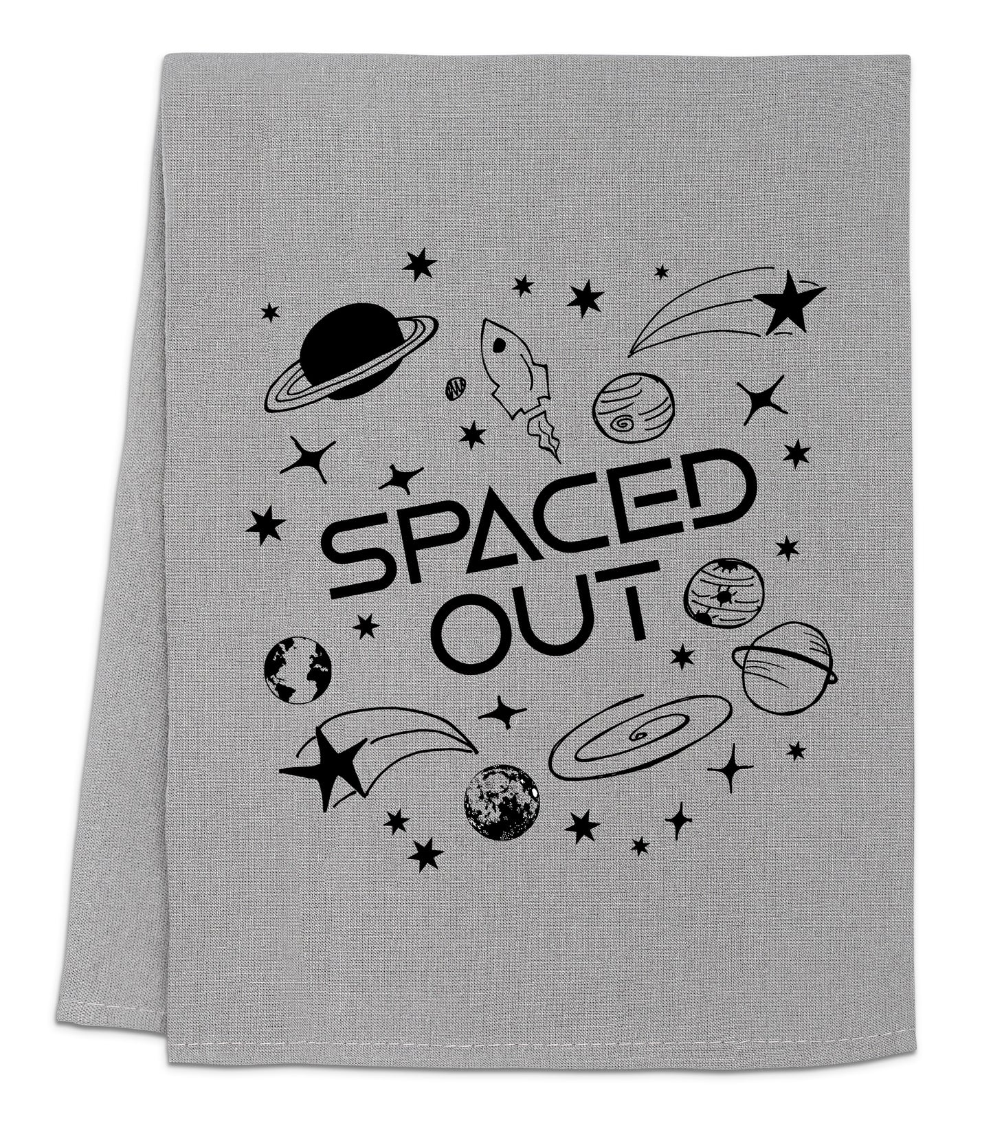 a towel with the words spaced out printed on it