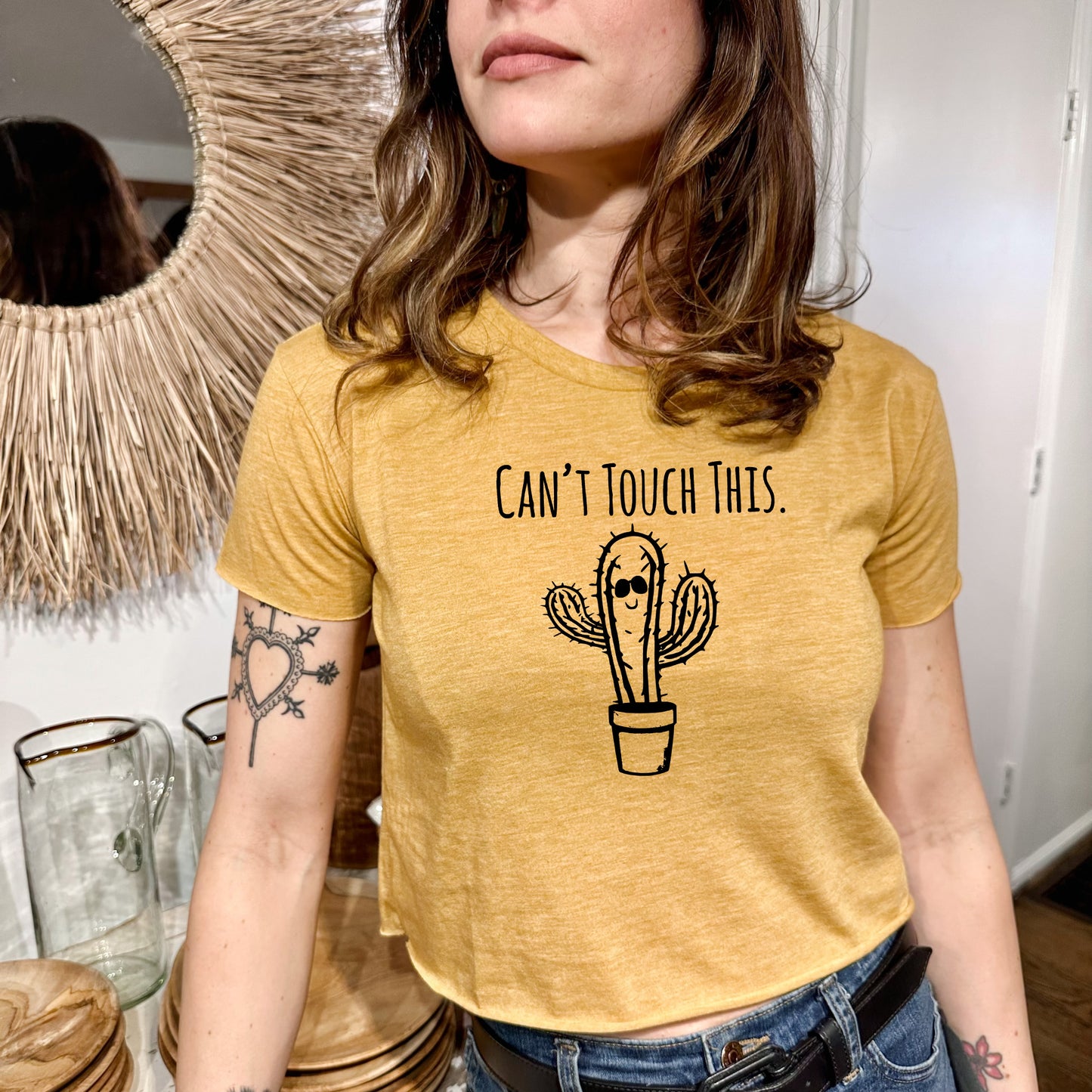 Can't Touch This (Cactus) - Women's Crop Tee - Heather Gray or Gold