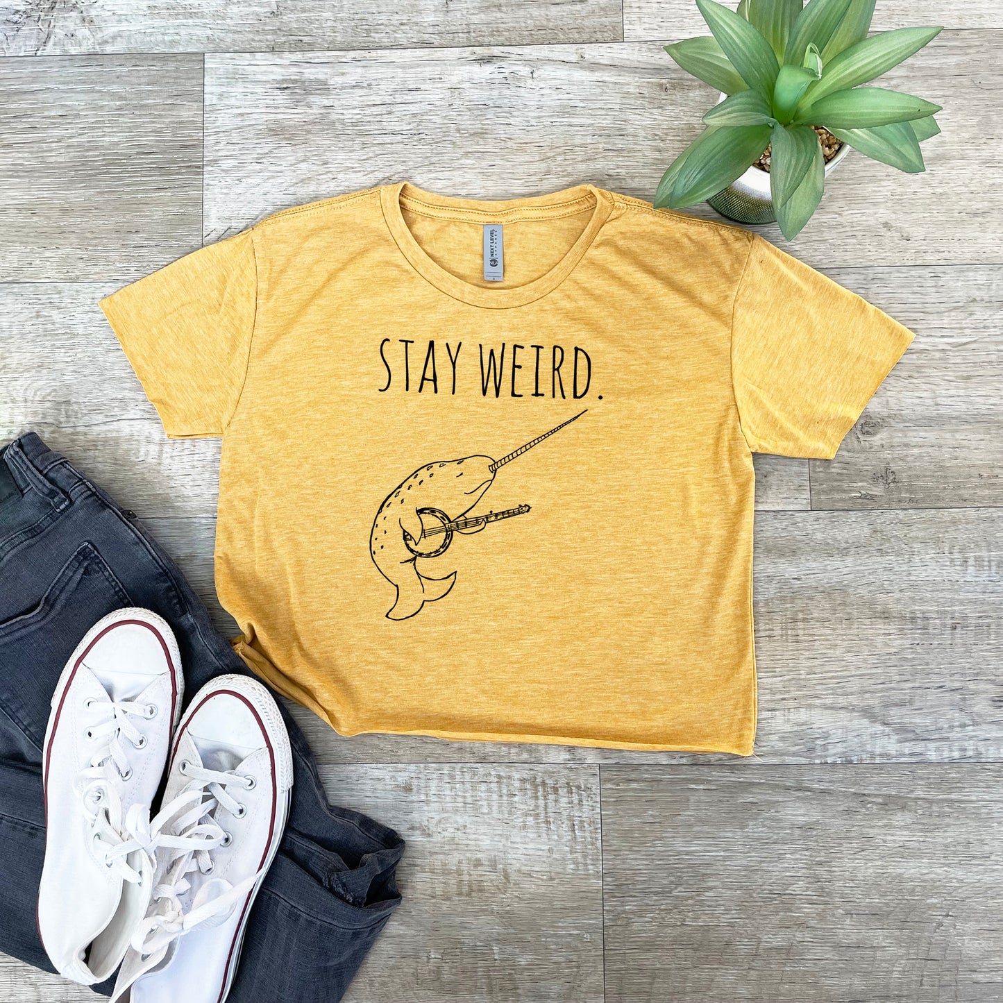 Stay Weird (Narwhal / Banjo) - Women's Crop Tee - Heather Gray or Gold