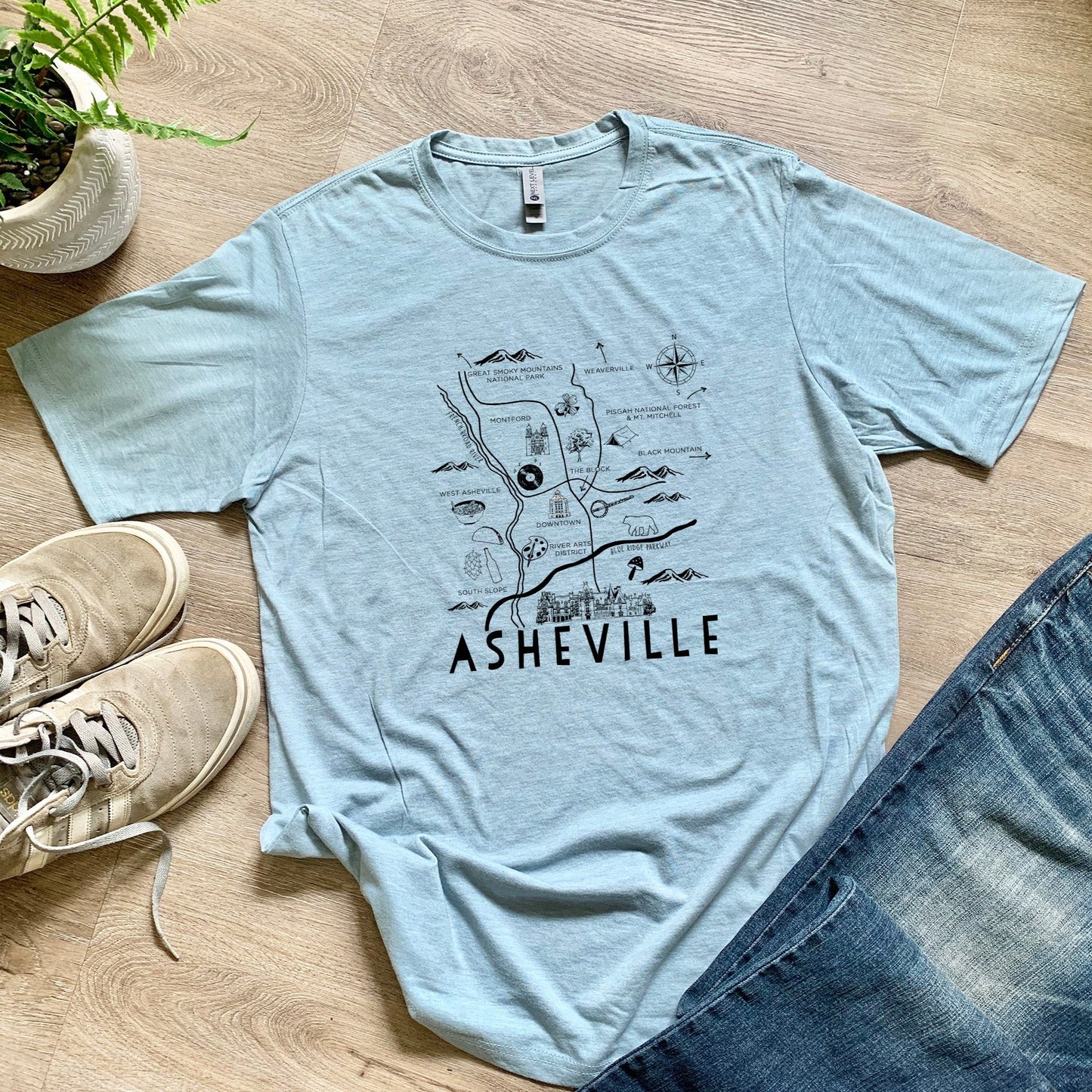 Asheville Map - Men's / Unisex Tee - Stonewash Blue or Sage