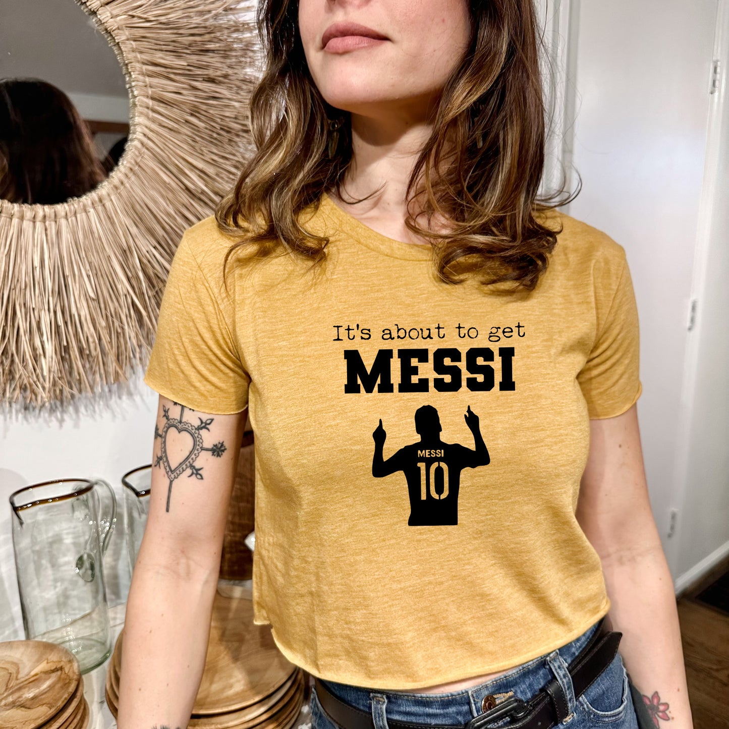 It's About To Get Messi (Soccer) - Women's Crop Tee - Heather Gray or Gold