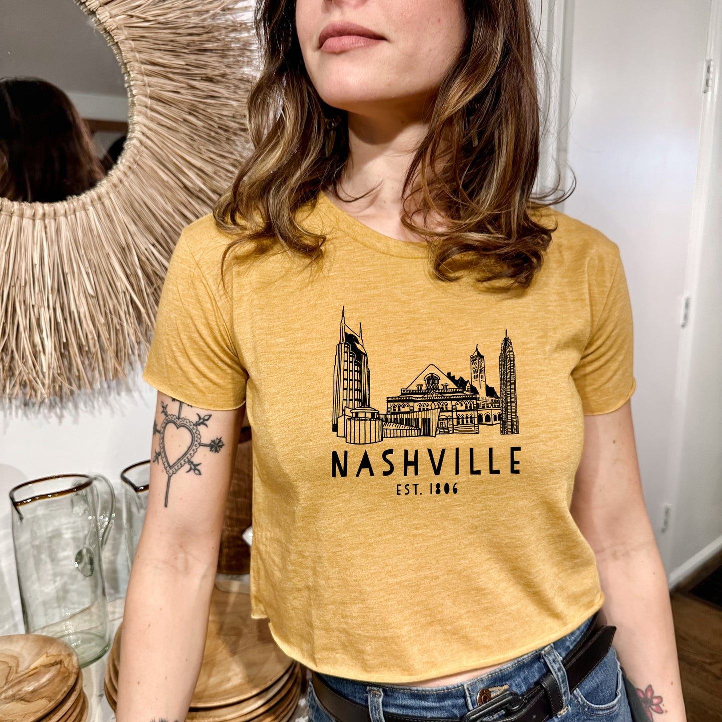 Nashville Skyline - Women's Crop Tee - Heather Gray or Gold