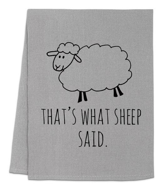 a gray dish towel with a black sheep on it