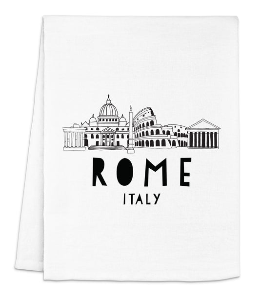 a white dish towel with the word rome in black ink